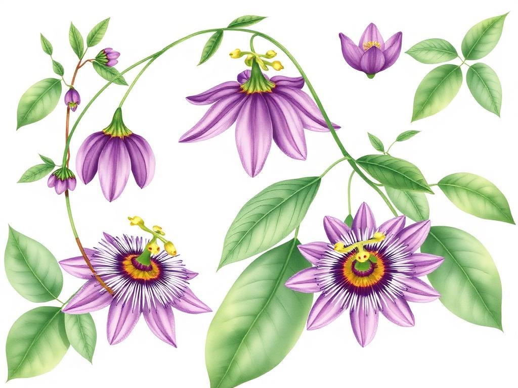 Ilustração botânica em aquarela do Mulungu e da flor de Passiflora, plantas usadas no protocolo natural do sono
